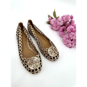 Tory Burch Gold Metallic Mira Laser Cut Leather Ballet Flats Round Toe Size 7.5